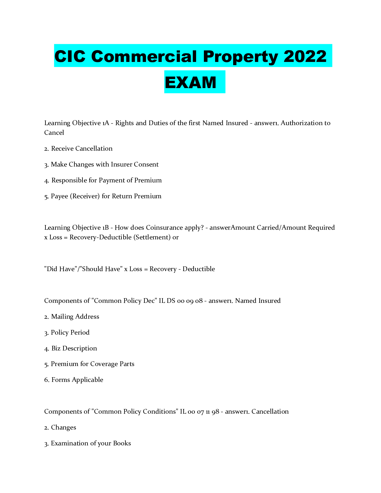 Preview of CIC Commercial Property 2022 EXAM